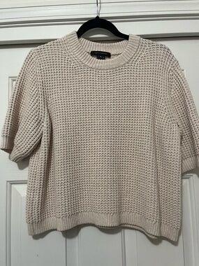 French Connection Cream Waffle-Knit Short Sleeve Crew Sweater